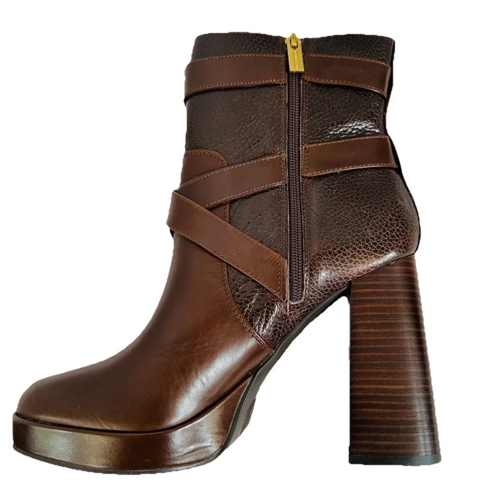 Vince Camuto Coliana Leather Platform Block Heel Brown Booties-9.5-Buckles Indie